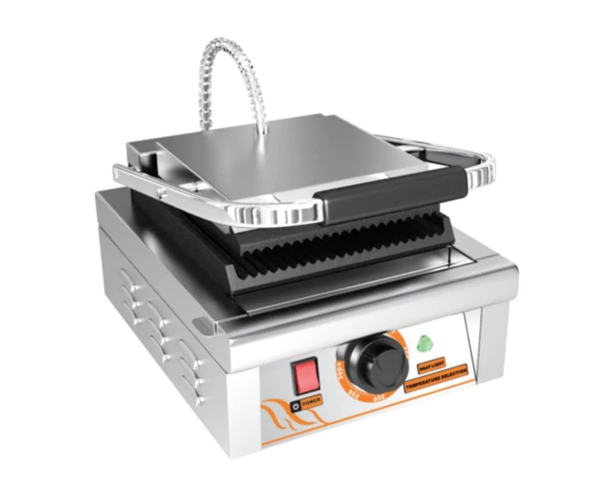 Omega ZDP-81A Small 9" x 9" Single Press Panini Grill - Ribbed Cooking Surface - Omni Food Equipment