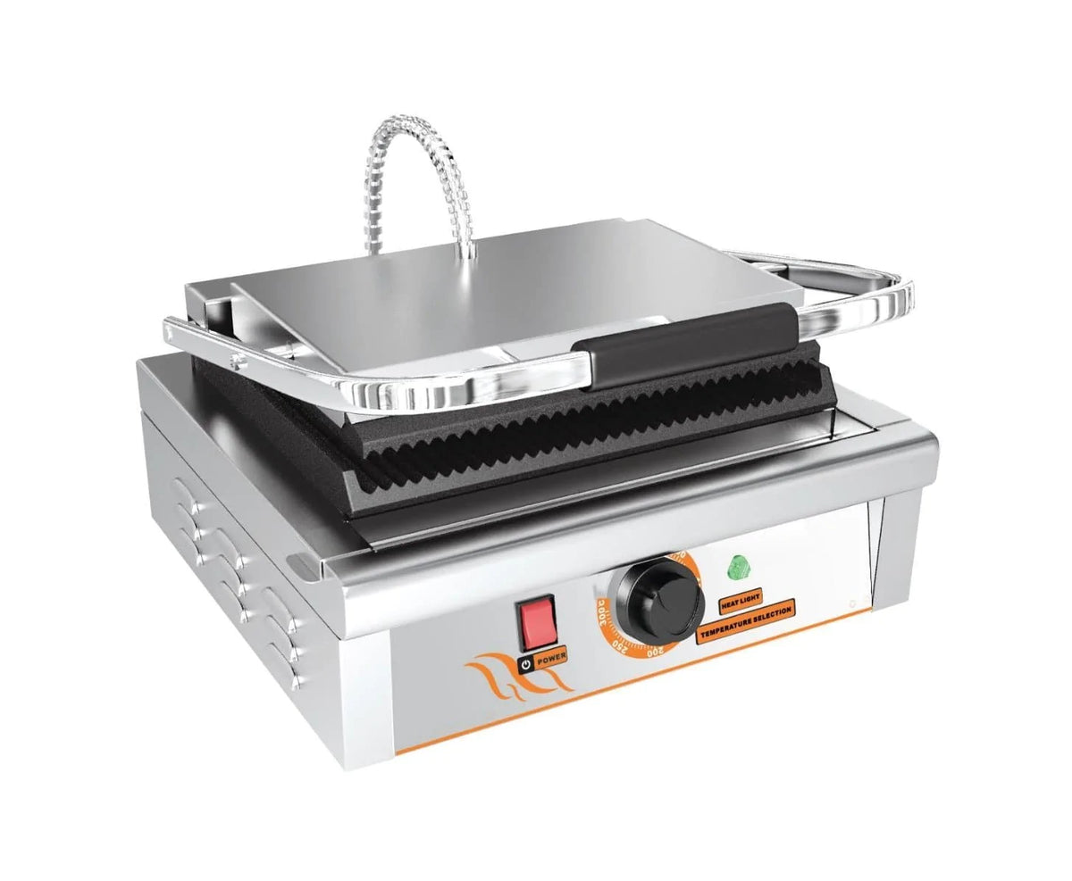 Omega ZDP-81B Medium 14" x 9" Single Press Panini Grill - Ribbed Cooking Surface - Omni Food Equipment